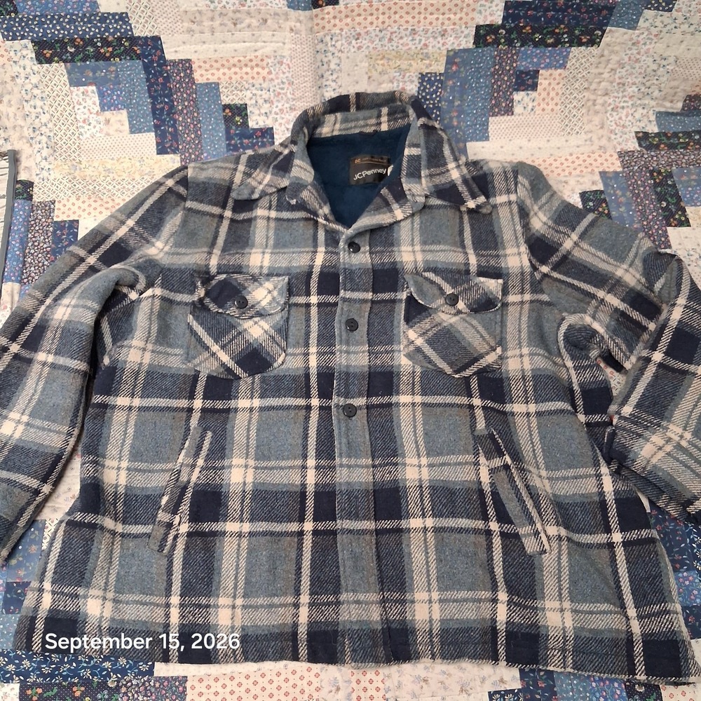 True Vintage 70s JCPenney Wool Plaid Sherpa Lined CPO Shirt Jacket Mens 2XL USA